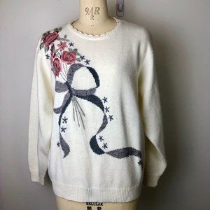 Alfred Dunner 80s Cottage Core Floral Embroidered Scallop Trim Granny Sweater L